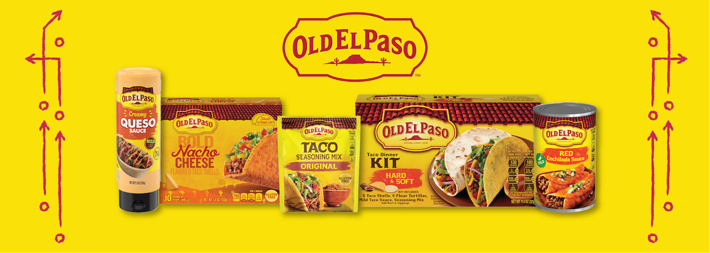 The image showcases a variety of Old El Paso Brand Mexican food products, including Queso sauce, Nacho Cheese taco shells, Taco Seasoning Mix, a Taco Dinner Kit, and Refried Beans. The products are displayed against a yellow background with the Old El Paso logo prominently featured at the top.