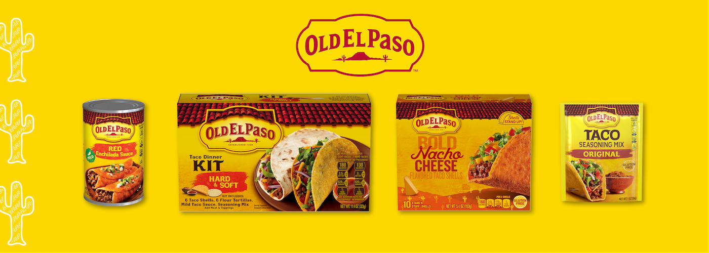 A collection of Old El Paso brand Mexican food products against a yellow background. There are three main products shown: a can of Old El Paso Red Enchilada Sauce, an Old El Paso Dinner Kit for Soft Tacos, and two packets of seasoning mixes, one for Nacho Cheese and one for Tacos.