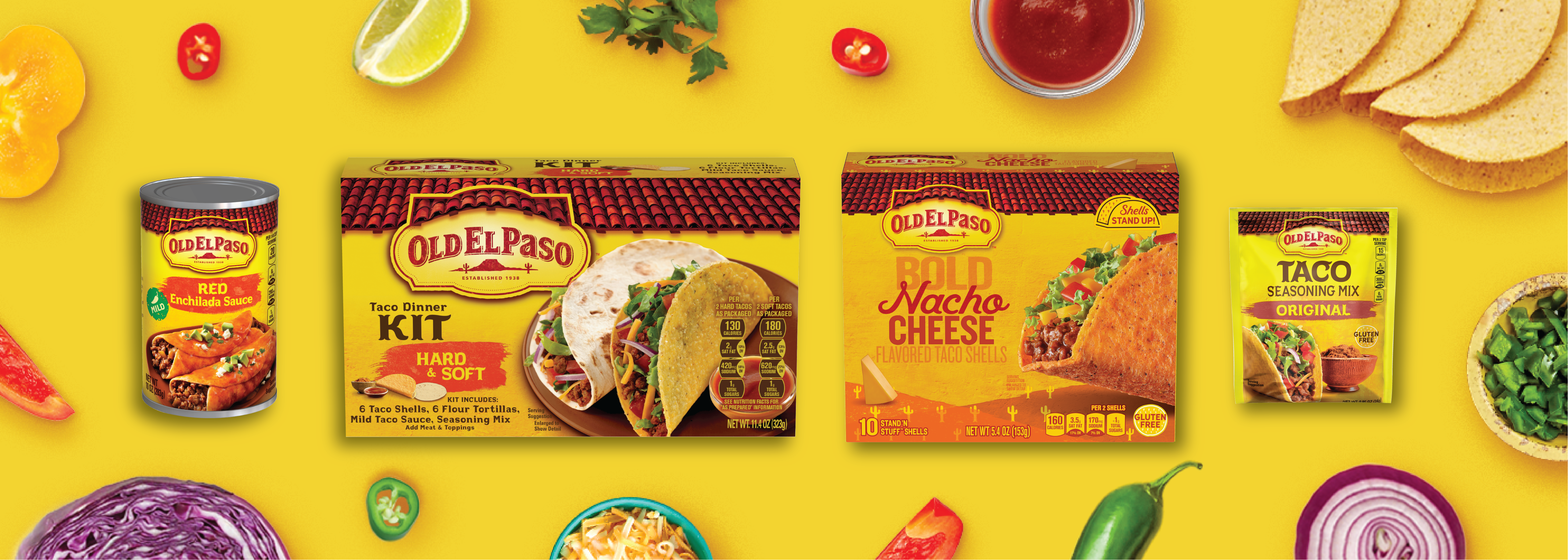 Old El Paso Assorted products including Red Enchilada Sauce, front of can; Taco dinner kit, front of box; Bold Nacho Cheese flavored taco shells, front of box; and original taco seasoning mix, front of package, on a yellow background surrounded by taco ingredients 