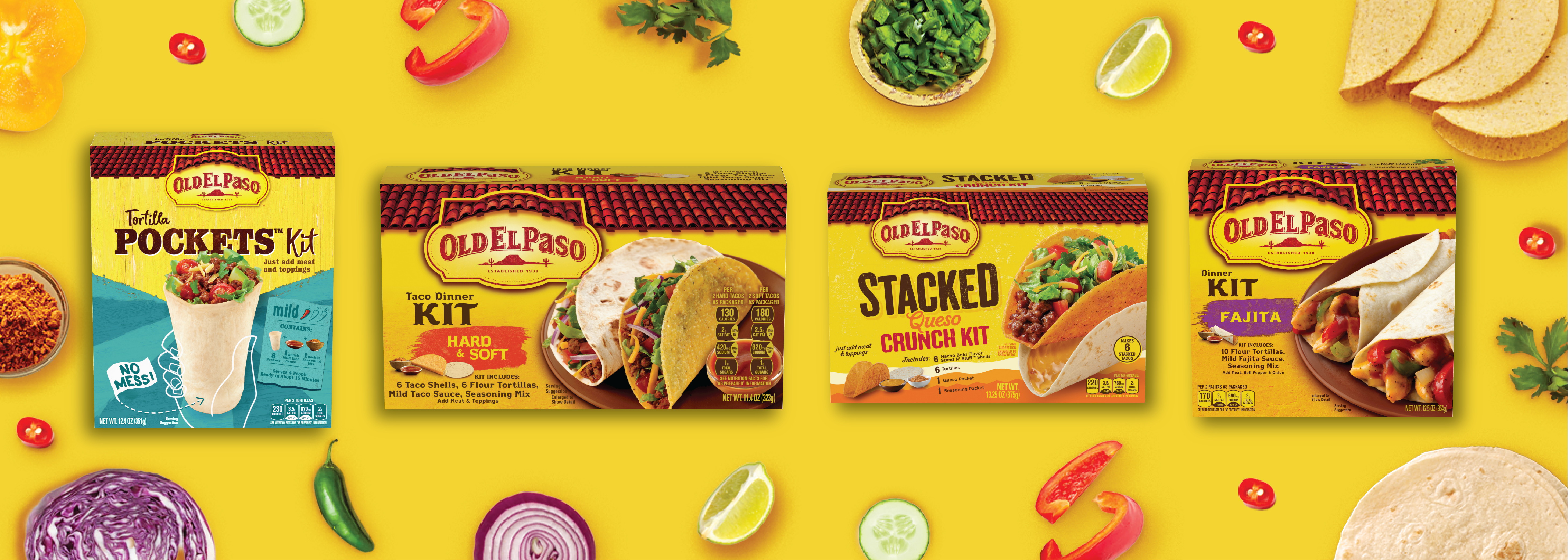 Old El Paso assorted products in Tortilla pocket Kit, front of box; Taco dinner kit, front of box; Stacked Queso crunch kit, front of box; and Fajita Dinner kit, front of box, on a yellow background surrounded by taco ingredients 