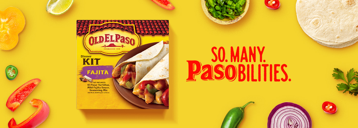 Old El Paso Fajita Dinner kit, front of package, on a yellow background that reads "So. Many. PASObilities."